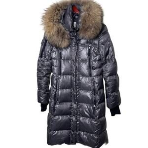 SAM. Women metallic silver millennium knee length puffer down coat fox fur sz S